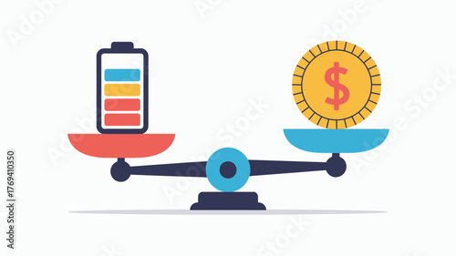 A conceptual illustration of a battery and a dollar coin balanced on a scale representing the cost of energy or power