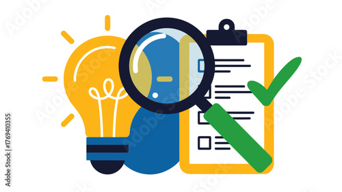 Conceptual illustration of a bright idea being analyzed and approved with a checklist and magnifying glass