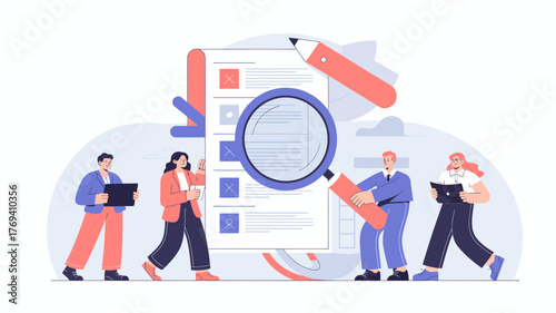Diverse team of professionals meticulously reviewing a document with a magnifying glass and pencil symbolizing analysis and decision making