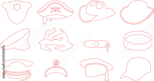 Red Outlined Hats Police Cap, Pirate Hat, Cowboy, Graduation Cap, and Others!