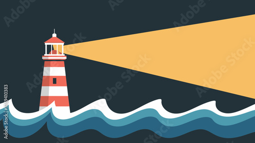A classic red and white striped lighthouse shines its bright yellow beam across dark choppy ocean waves under a deep night sky