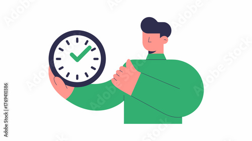 Man holding a clock with a green checkmark indicating punctuality and successful time management in business or personal life