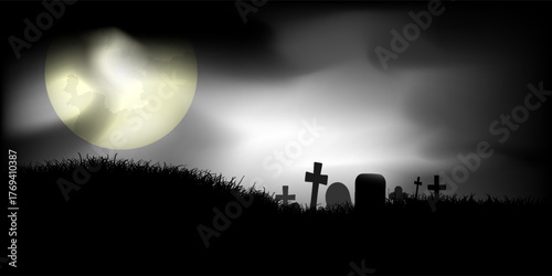 Dark spooky cemetery with grave stones, scary tree , haunted house and flying bats in full moon light. Modern vector in flat style. Halloween banner poster. Creepy graveyard