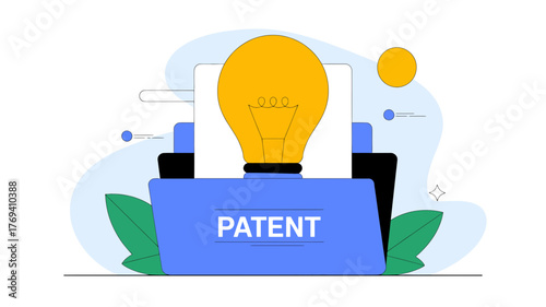 Illustration of a bright yellow light bulb emerging from a blue folder labeled patent symbolizing innovation and intellectual property protection