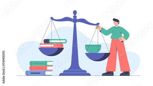 Man holding scales of justice with books on one side and a bowl on the other symbolizing balance and knowledge