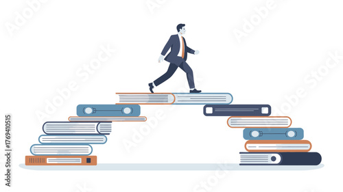 Businessman climbing stairs made of books representing knowledge and career advancement on a white background