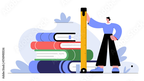 A person measures a stack of books with a measuring tape symbolizing education and learning