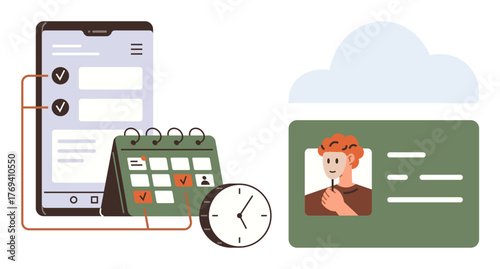 Smartphone with task checklist, calendar, clock, and ID card under a cloud. Ideal for productivity, digital planning, identity, time management cloud storage scheduling organized workflow. Simple