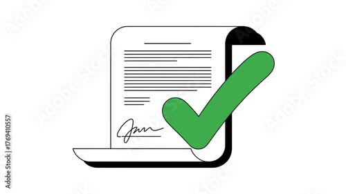 Document with a large green check mark signifying approval or completion of a contract or agreement