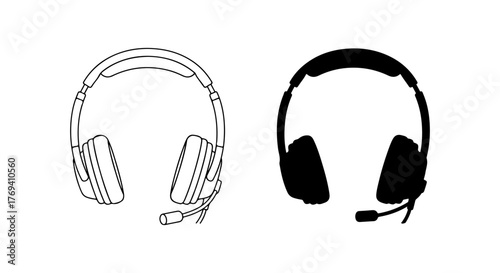 Two styles of headphones with microphones one outlined and one solid black