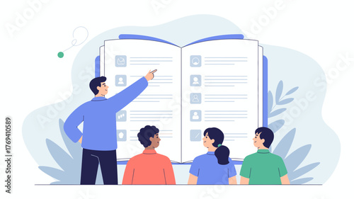 A teacher points to an open book displaying profiles and text to a group of attentive students in a modern flat illustration style