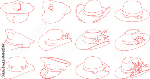 Red Outlines of Various Hats Police, Cowboy, Formal, and More Seamless Pattern