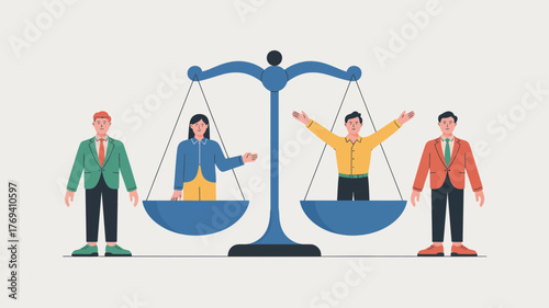 Concept of fairness and balance represented by a scale with men and women symbolizing equality and justice in society and business