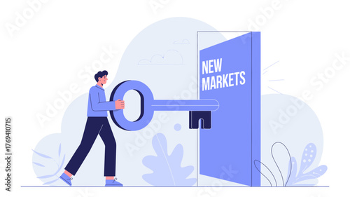 Man holding a large key to unlock a door labeled new markets representing business expansion and opportunity