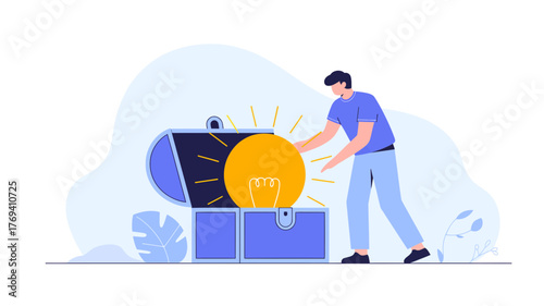 Man discovering a bright idea represented by a glowing lightbulb emerging from an open treasure chest