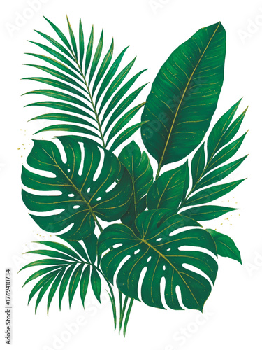 Watercolor tropical bouquet illustration. Vector arrangement of lush green palm, banana, and monstera leaves with elegant gold flecks on a white background.