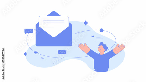 Illustration of a happy person receiving a large open envelope with a letter and smaller envelopes flying around representing communication and connection