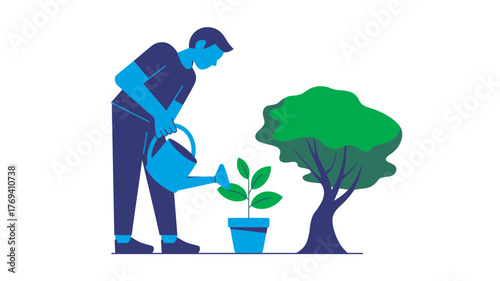 Man watering a small potted plant with a watering can next to a larger tree representing growth and care