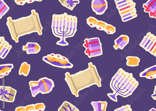Happy Hanukkah pattern with stickers. Background with holiday objects.