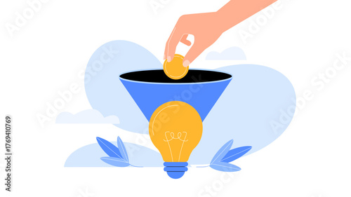 Hand dropping coin into funnel with light bulb symbolizing investment in new ideas and innovation for business growth