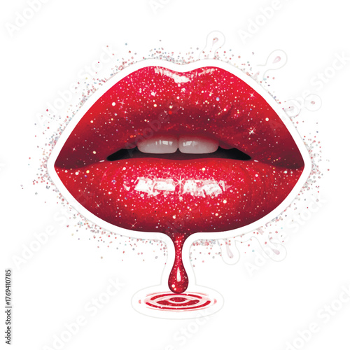 3d Vibrant red glittery lips illustration. Sparkling glamour makeup design with glossy drip and splash effect, isolated on a white background. Vector design.