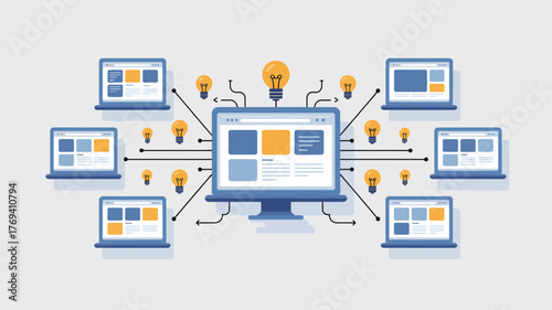 Multiple laptops and a desktop computer connected to glowing light bulbs symbolizing shared ideas and innovation in a digital network