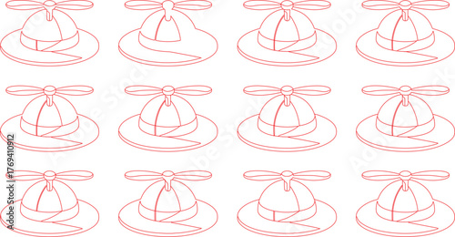 Seamless Pattern of Red Line Art Outline of Propeller Hats on White Background