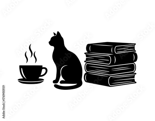 Vector art of silhouette of a cat sitting next to a cup of coffee and books
