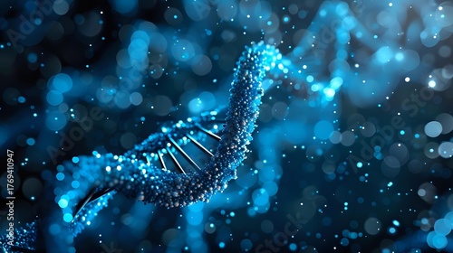 Glowing blue DNA helix structure with particles floating in dark space, molecular biology concept showing genetic research and biotechnology advancement.