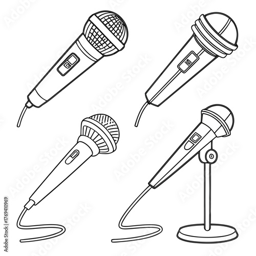 Illustration of four microphones in black and white