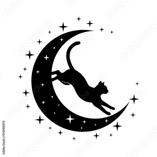 Vector art of silhouette of a cat jumping over the moon