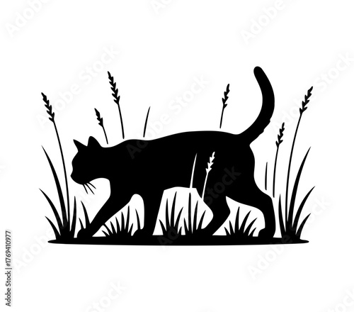 Vector art of black cat silhouette walking in the grass