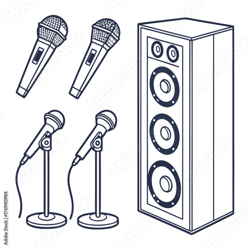 Illustration of microphones and speaker in black and white