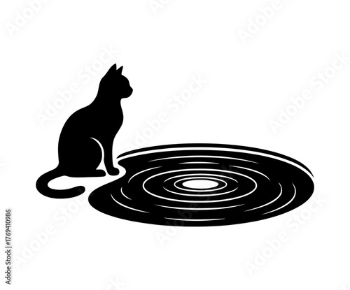 Vector art of black cat silhouette looking at water ripple
