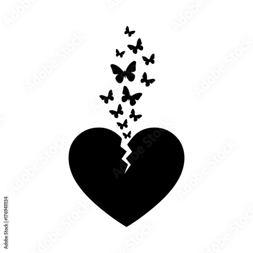 Vector art of broken heart with butterflies for sadness and loss