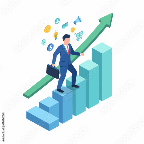 Businessman climbing stairs to success, career growth and achievement concept
