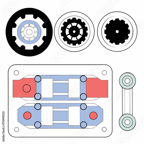 Technical drawing of gears and a hydraulic system