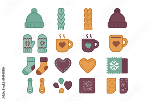 Cozy winter elements collection featuring knitted hats, mittens, socks, steaming mugs, and decorative hearts