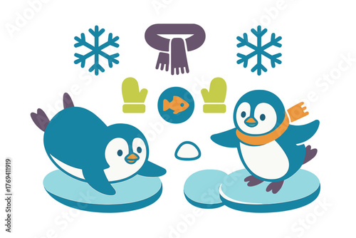 Cartoon penguins playing on ice floes with winter accessories like scarf and mittens