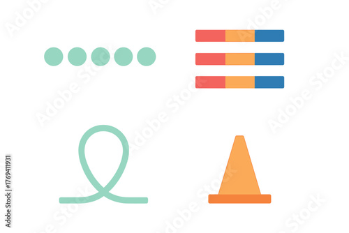 Abstract graphic design elements set featuring dots, segmented bars, looping line, and traffic cone symbol