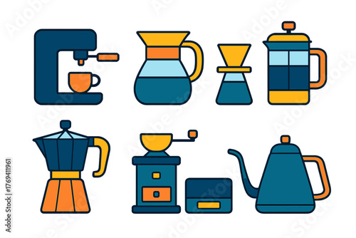 Essential coffee making tools set including espresso machine, French press, pour over, moka pot, and grinder