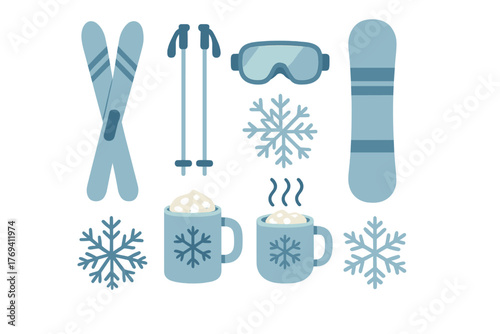 Winter recreation icons set with skis, snowboard, goggles, hot drinks, and snowflakes