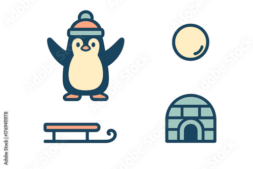 Adorable cartoon penguin wearing a winter hat standing beside an igloo and wooden sled