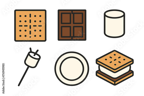 Classic components for making S'mores: graham crackers, chocolate, and marshmallows