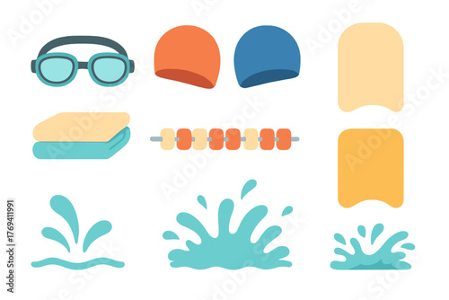 Swimming pool equipment and accessories set featuring goggles, swim caps, kickboards, and water splash graphics