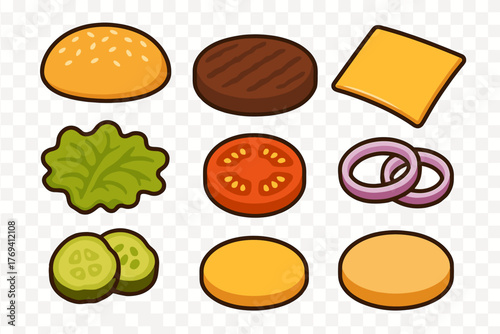 Set of cartoon hamburger ingredients bun patty cheese lettuce tomato pickles