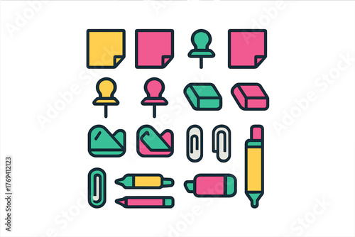 Colorful collection of essential office and school supplies featuring sticky notes pushpins and markers