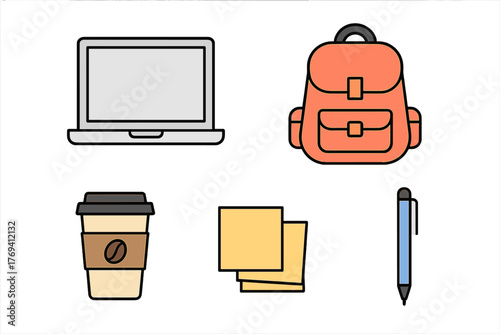 Modern work and study essentials including portable computer backpack coffee and writing tools