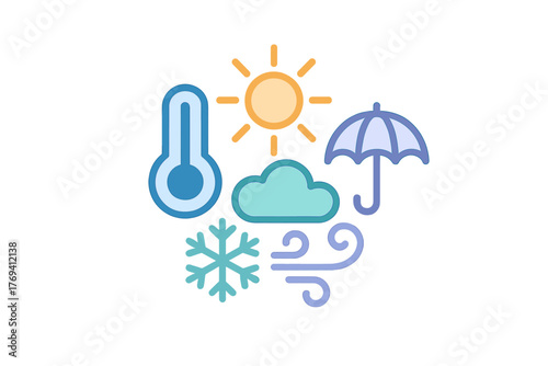 Colorful weather condition icons set including sun, thermometer, cloud, umbrella, snowflake, and wind symbols