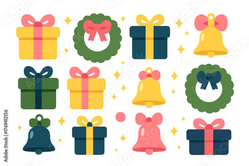 Colorful Christmas and New Year holiday icons set featuring wrapped gift boxes, ringing bells, and wreaths